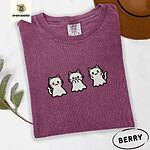 Berry Comfort Colors T-shirt embroidered with three white ghost kittens with pink cheeks and black outlines