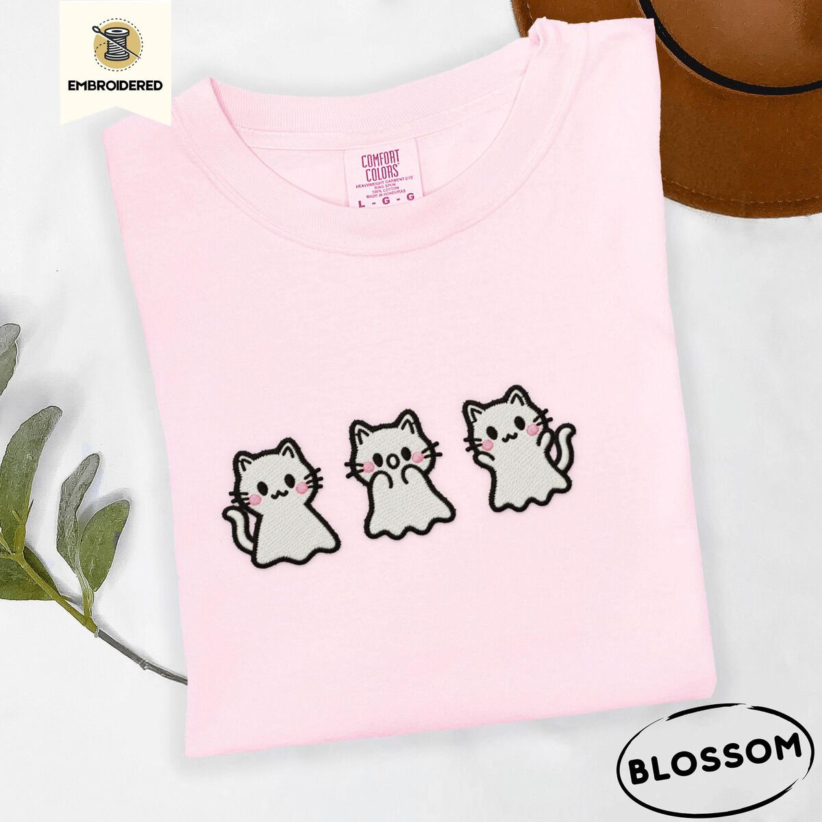 Ghost Kitten Shirt – Blossom Blossom Comfort Colors T-shirt embroidered with three white ghost kittens with pink cheeks and black outlines