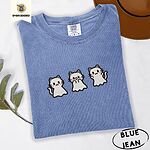 Blue Jean Comfort Colors T-shirt embroidered with three white ghost kittens with pink cheeks and black outlines