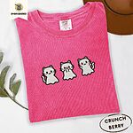 Crunchberry Comfort Colors T-shirt embroidered with three white ghost kittens with pink cheeks and black outlines