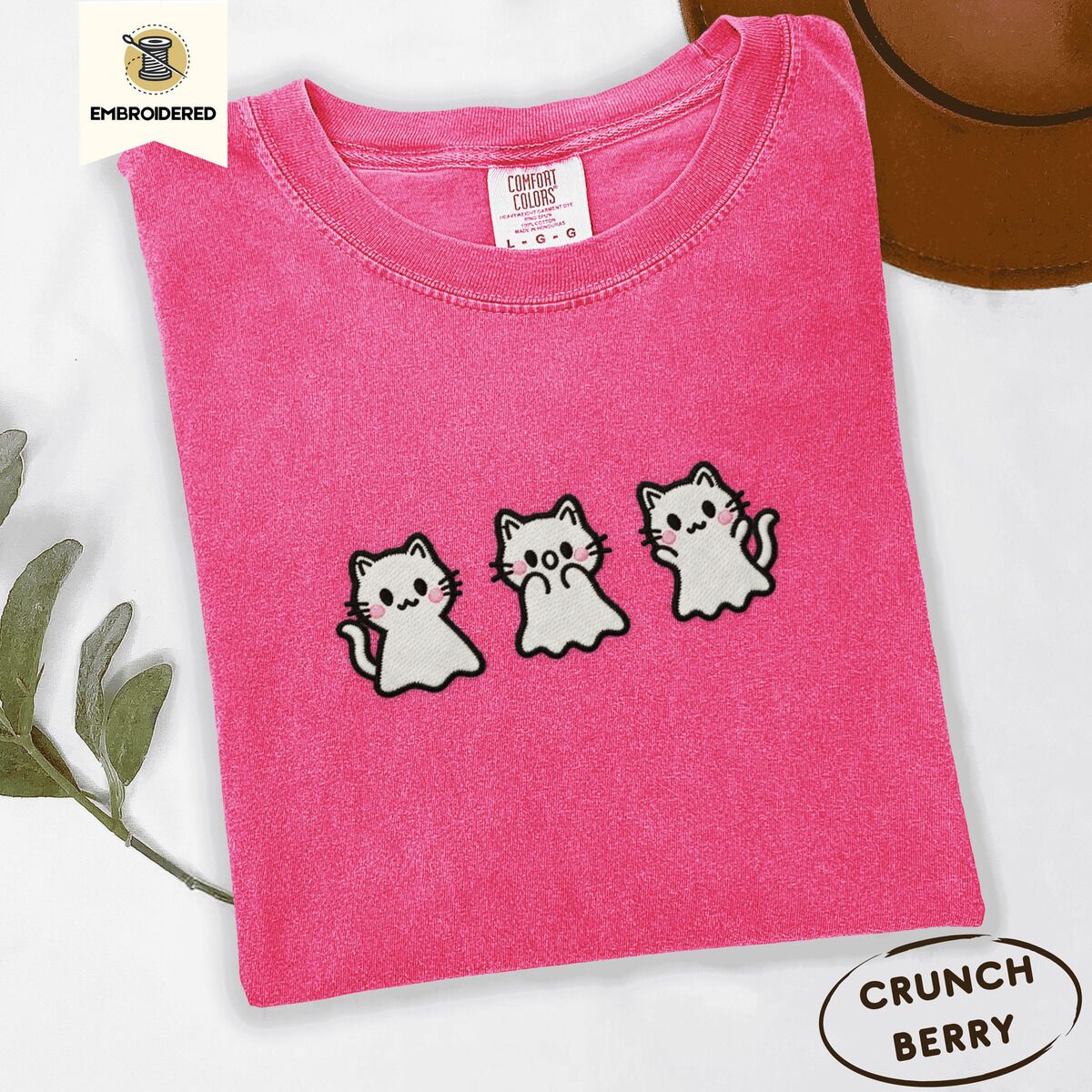 Ghost Kitten Shirt – Crunchberry Crunchberry Comfort Colors T-shirt embroidered with three white ghost kittens with pink cheeks and black outlines