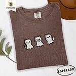 Espresso Comfort Colors T-shirt embroidered with three white ghost kittens with pink cheeks and black outlines