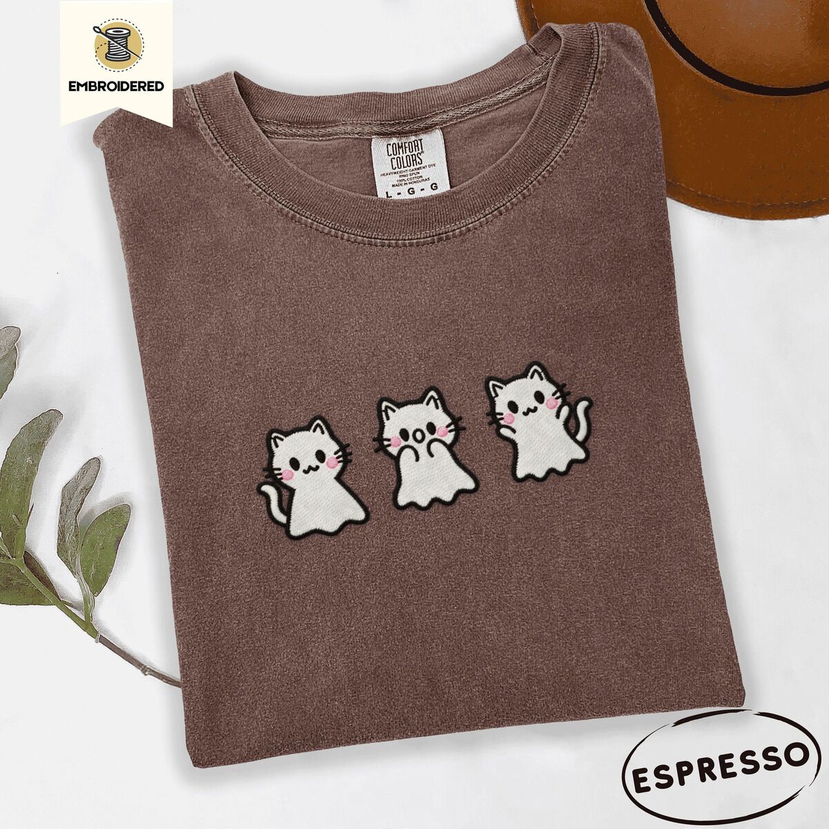Ghost Kitten Shirt – Espresso Espresso Comfort Colors T-shirt embroidered with three white ghost kittens with pink cheeks and black outlines