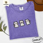 Violet Comfort Colors T-shirt embroidered with three white ghost kittens with pink cheeks and black outlines