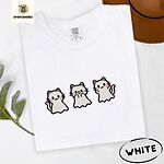 White Comfort Colors T-shirt embroidered with three white ghost kittens with pink cheeks and black outlines