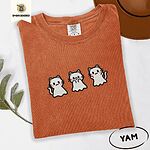 Yam Comfort Colors T-shirt embroidered with three white ghost kittens with pink cheeks and black outlines