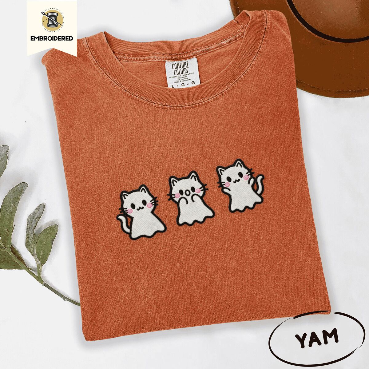 Ghost Kitten Shirt – Yam Yam Comfort Colors T-shirt embroidered with three white ghost kittens with pink cheeks and black outlines