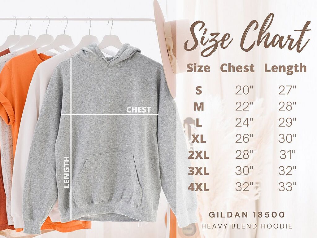 Gildan 18500 Heavy Blend hoodie size chart: chest width 20 to 32 inches and length 27 to 33 inches for sizes S to 4XL
