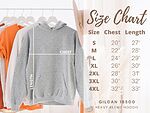 Gildan 18500 Heavy Blend hoodie size chart: chest width 20 to 32 inches and length 27 to 33 inches for sizes S to 4XL