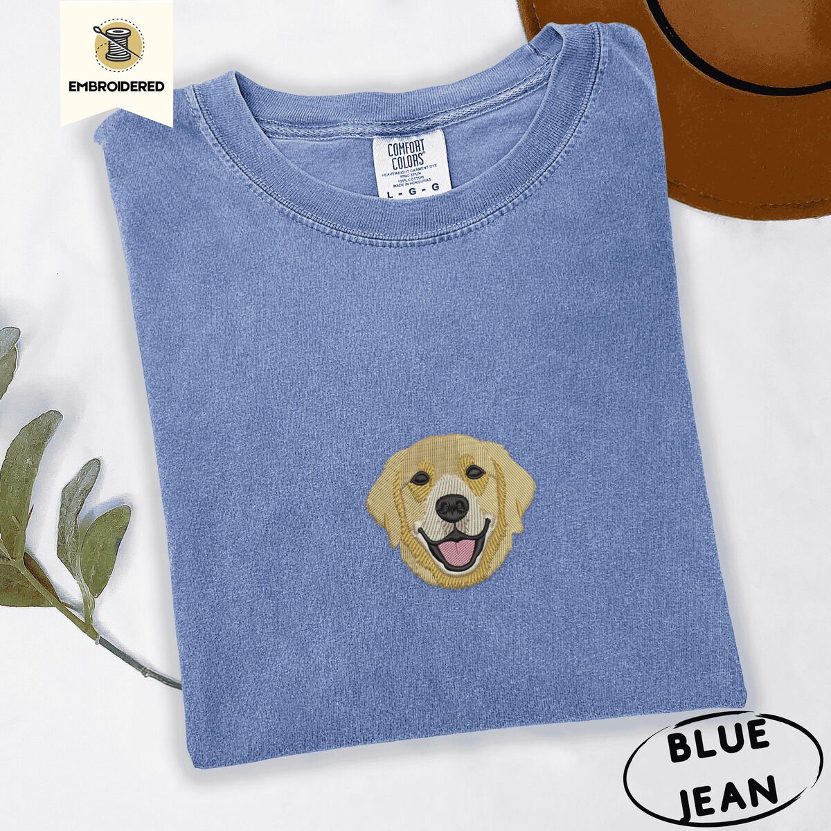 Golden Retriever Face Shirt – Blue Jean Blue Jean Comfort Colors T-shirt embroidered with a smiling golden retriever face with a pink tongue