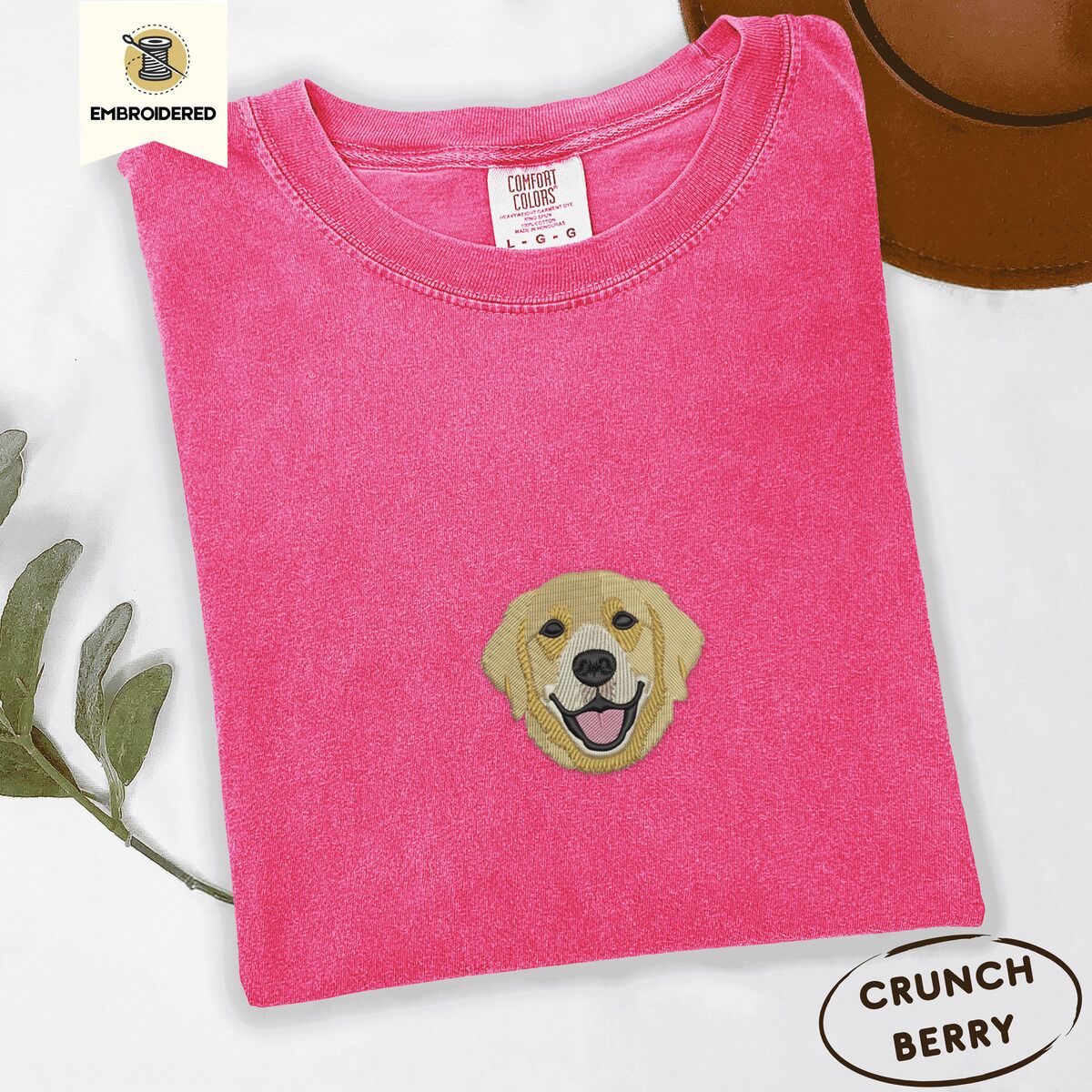 Golden Retriever Face Shirt – Crunchberry Crunchberry Comfort Colors T-shirt embroidered with a smiling golden retriever face with a pink tongue