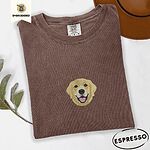 Espresso Comfort Colors T-shirt embroidered with a smiling golden retriever face with a pink tongue