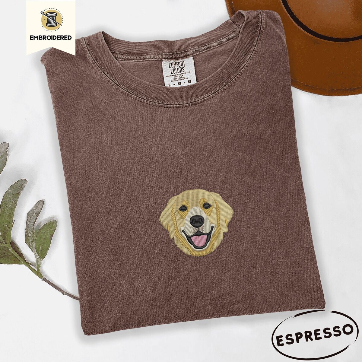 Golden Retriever Face Shirt – Espresso Espresso Comfort Colors T-shirt embroidered with a smiling golden retriever face with a pink tongue