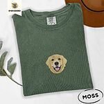 Moss Comfort Colors T-shirt embroidered with a smiling golden retriever face with a pink tongue