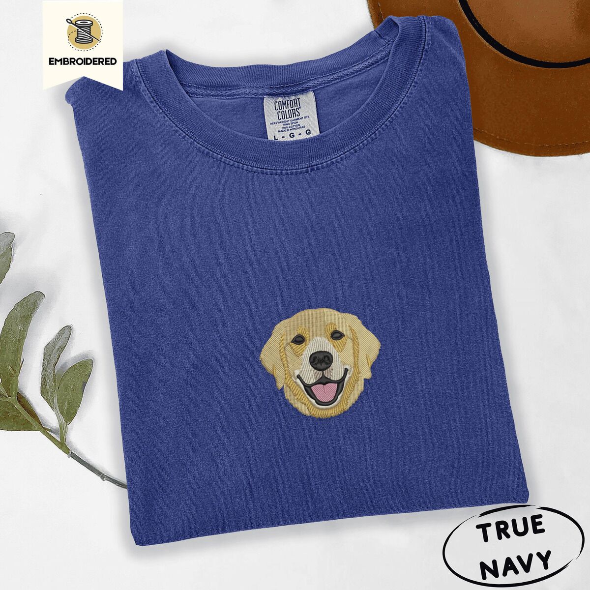 Golden Retriever Face Shirt – True Navy True Navy Comfort Colors T-shirt embroidered with a smiling golden retriever face with a pink tongue
