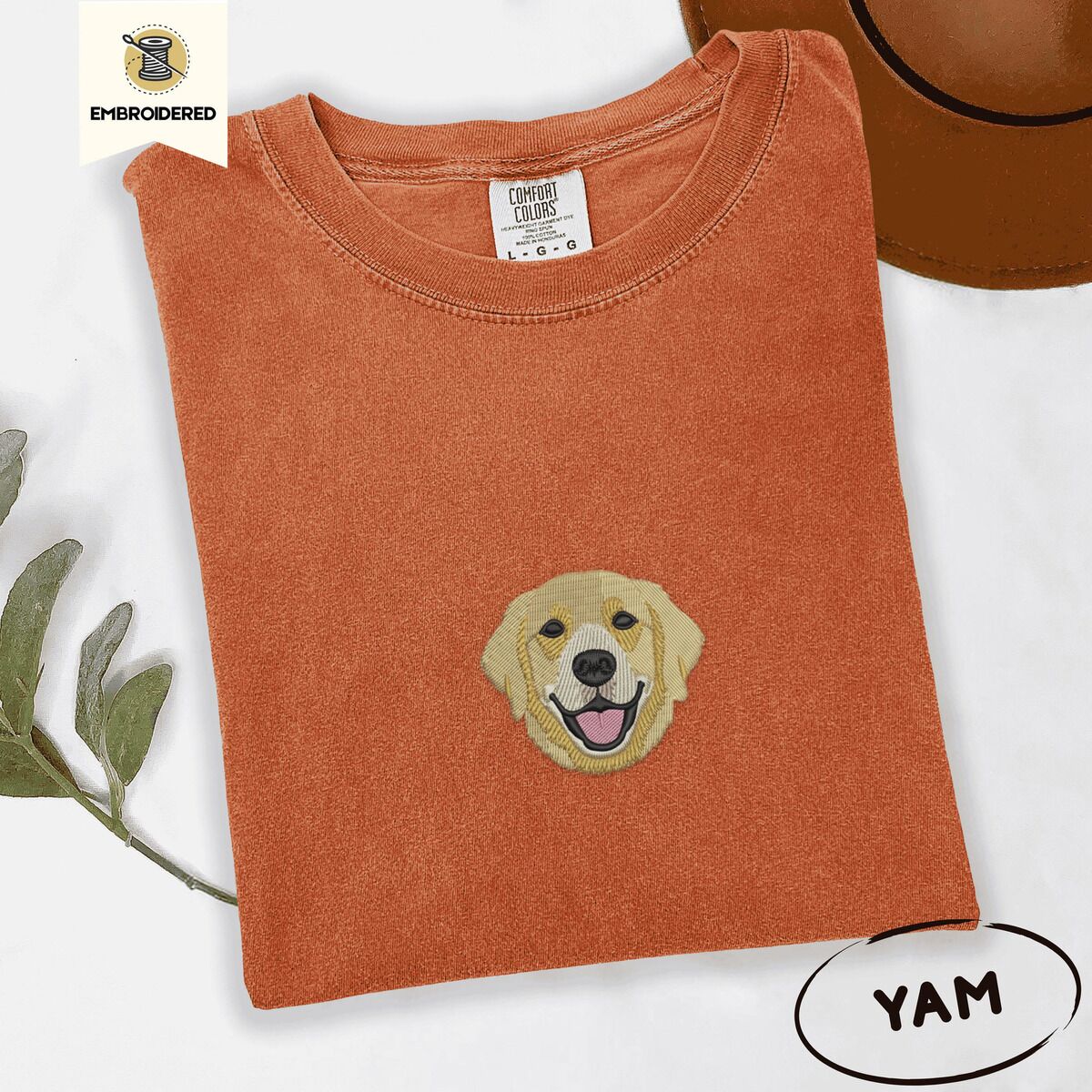Golden Retriever Face Shirt – Yam Yam Comfort Colors T-shirt embroidered with a smiling golden retriever face with a pink tongue