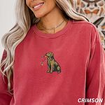 Smiling woman in a Crimson crewneck sweatshirt embroidered with a sitting golden retriever holding Christmas lights