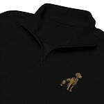 Close-up of a Black quarter zip collar and chest, embroidered with a small golden retriever in gold thread
