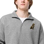 Man wearing a heather grey quarter zip over a white T-shirt, embroidered with a small sitting golden retriever on the left chest