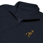 Close-up of a Navy quarter zip collar and chest, embroidered with a small golden retriever in gold thread