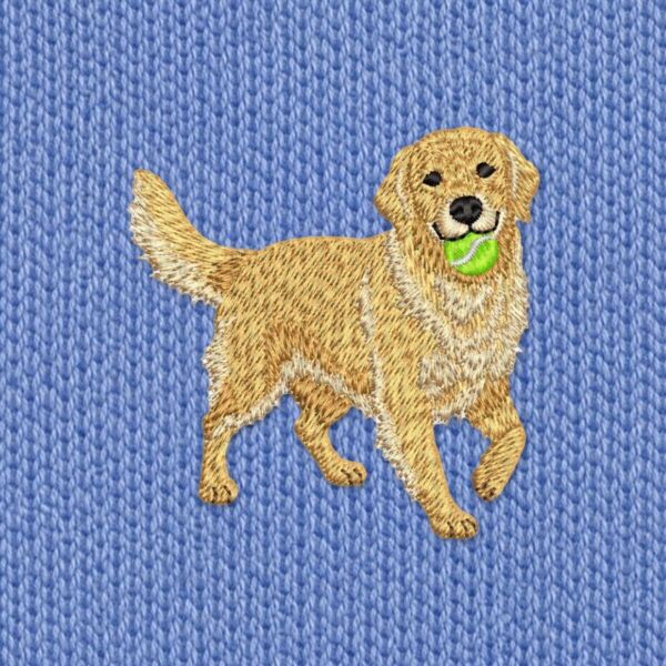 Close-up of the embroidered golden retriever with a lime green tennis ball in its mouth and a feathered tail, on blue fleece