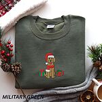 Goldendoodle Christmas present sweatshirt in Military Green with a plaid scarf, holly and pinecones, embroidered with a doodle in a Santa hat between two gifts