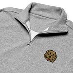 Close-up of a heather grey quarter zip collar, embroidered with a shaggy golden doodle face on the left chest