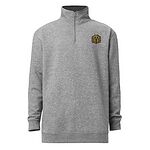 Heather grey quarter zip pullover shown from the front, embroidered with a small golden doodle face on the left chest