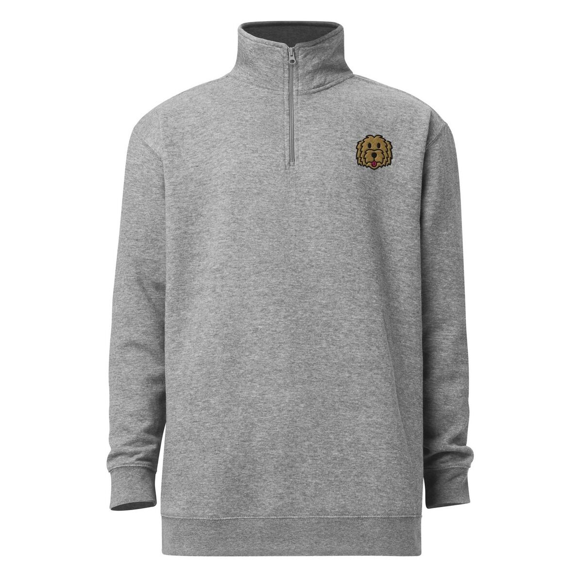 Goldendoodle Quarter Zip - front Heather grey quarter zip pullover shown from the front, embroidered with a small golden doodle face on the left chest