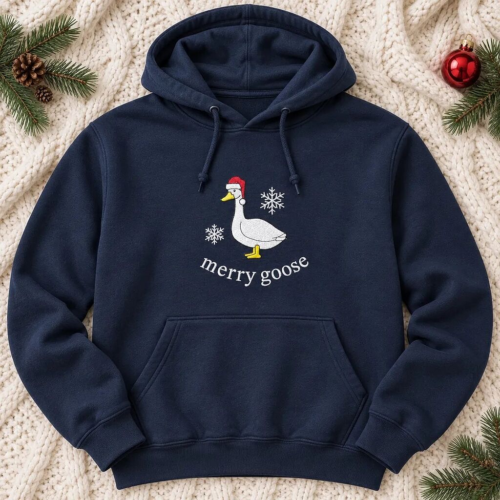Navy goose Christmas hoodie with the embroidered goose in a Santa hat below the drawstrings
