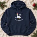 Navy goose Christmas hoodie with the embroidered goose in a Santa hat below the drawstrings