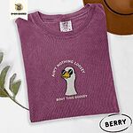Berry Comfort Colors T-shirt embroidered with a cool white goose in black sunglasses with arched white lettering embroidered on the chest