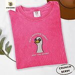Crunchberry Comfort Colors T-shirt embroidered with a cool white goose in black sunglasses with arched white lettering embroidered on the chest