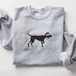 Sport Grey crewneck sweatshirt laid flat on a white background, embroidered with a black German shorthaired pointer silhouette in a red Santa hat