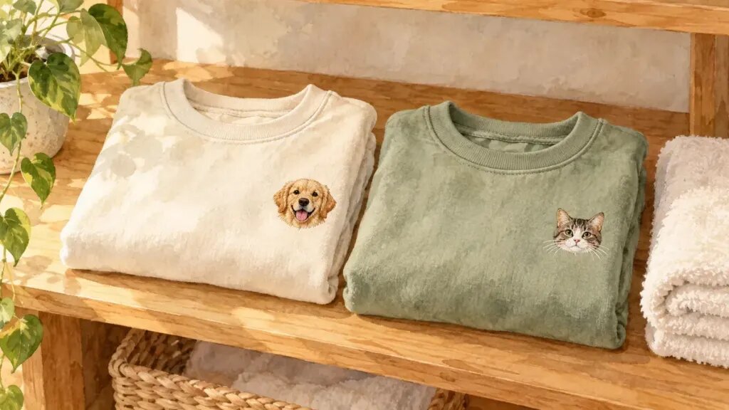 Illustration of a folded cream sweatshirt with an embroidered golden retriever face next to a folded sage sweatshirt with an embroidered cat face, on a wooden laundry shelf with a soft towel