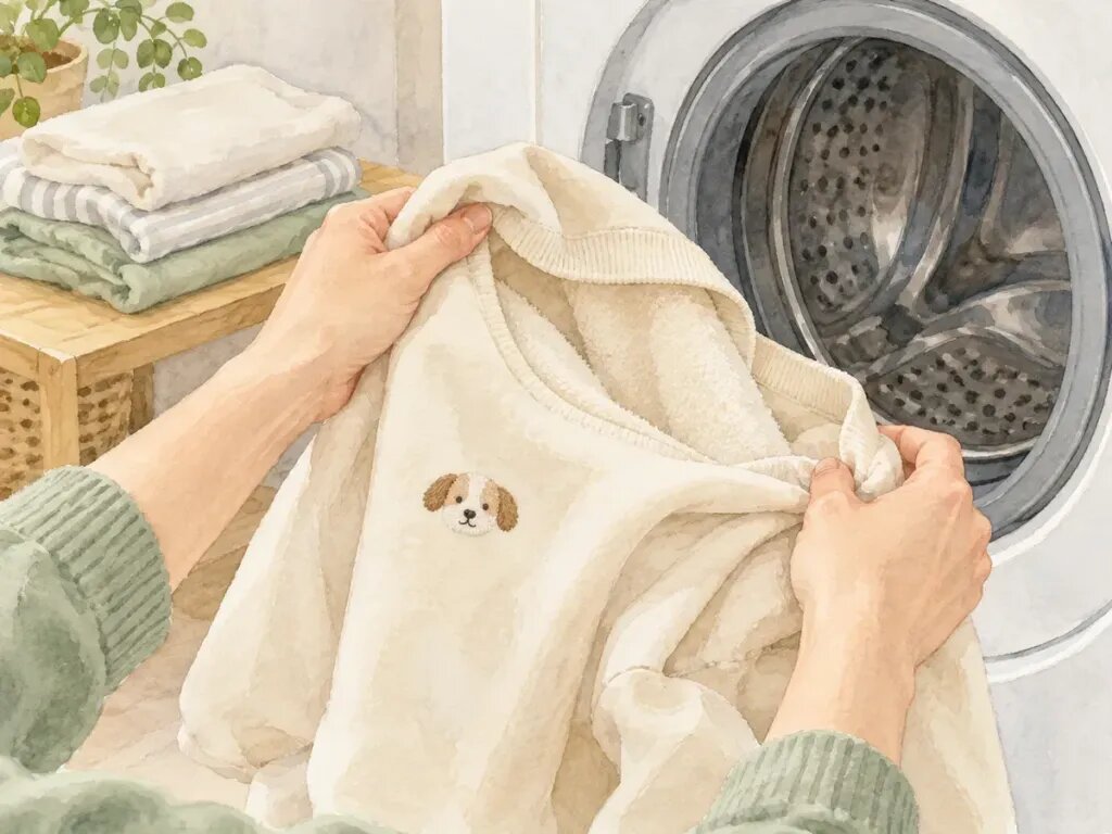 Illustration of hands turning a cream sweatshirt with an embroidered dog face inside out next to a front-loading washing machine, a small pile of light-colored clothes nearby