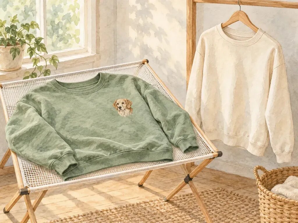 Illustration of a sweatshirt with an embroidered pet portrait drying flat on a mesh rack, beside another sweatshirt hanging on a wooden hanger, soft daylight