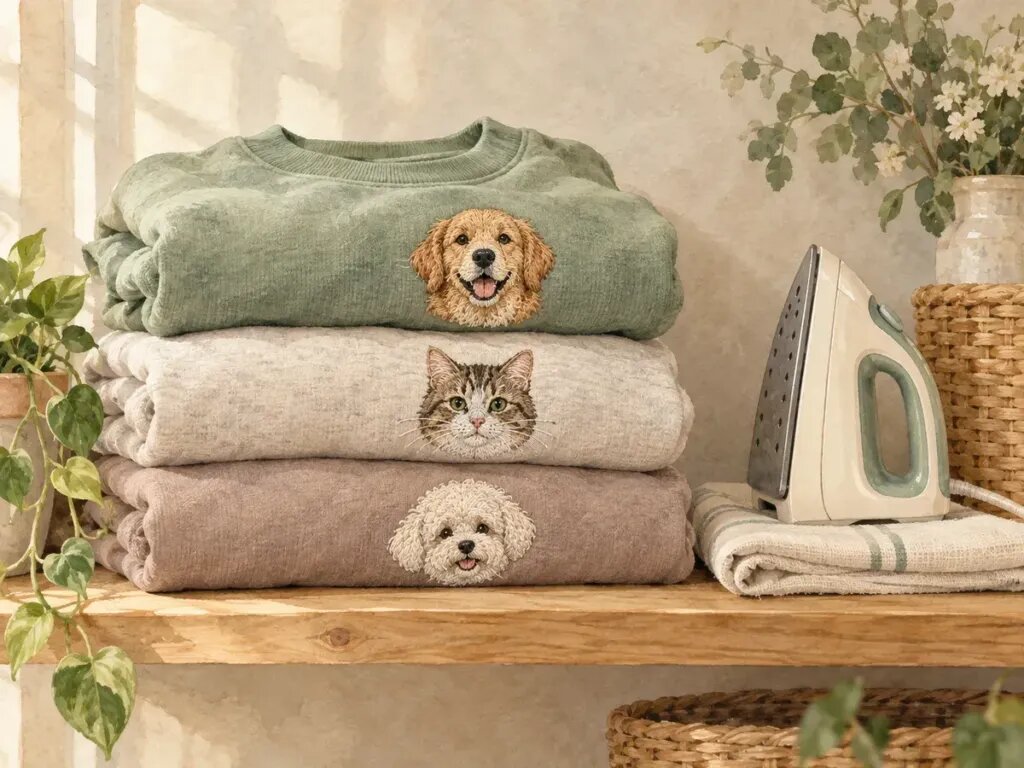 Illustration of folded sweatshirts with embroidered pet faces stacked neatly on a shelf, a small iron resting on a folded pressing cloth beside them