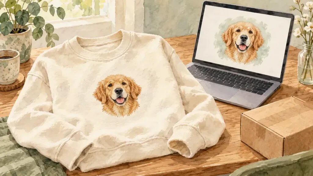 Illustration of a cream sweatshirt with an embroidered golden retriever face on a desk beside a laptop showing the design preview and a small shipping box