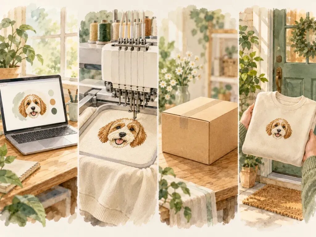 Illustration of four stages in a row: a laptop with a design preview, an embroidery machine stitching a dog face, a sealed shipping box, and the finished sweatshirt at a front door