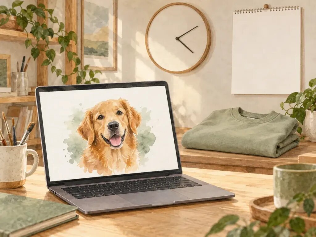 Illustration of a laptop showing a dog portrait design preview, a wall clock and a blank calendar page, a finished sweatshirt folded in the background