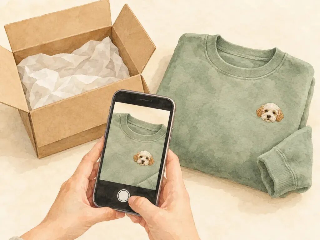Illustration of a phone taking a picture of a sweatshirt with an embroidered dog face next to its opened shipping box