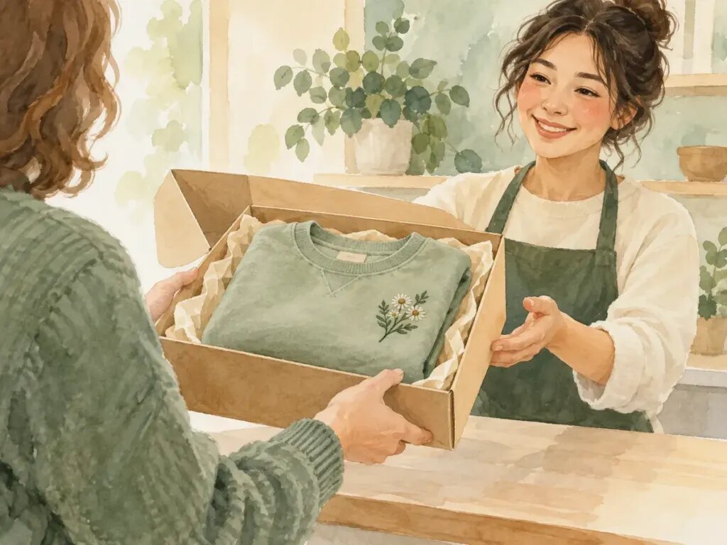 Illustration of hands passing a neatly packed box with a folded embroidered sweatshirt across a counter to a friendly support person, calm mood