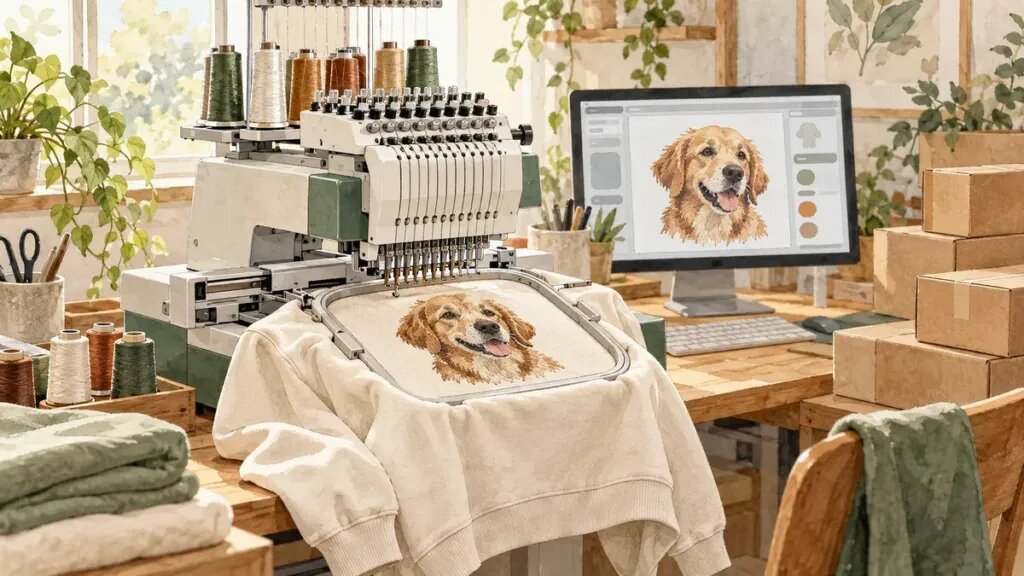 Illustration of a small workshop: an embroidery machine stitching a dog portrait on a sweatshirt, a computer showing a design preview, stacked shipping boxes, soft daylight