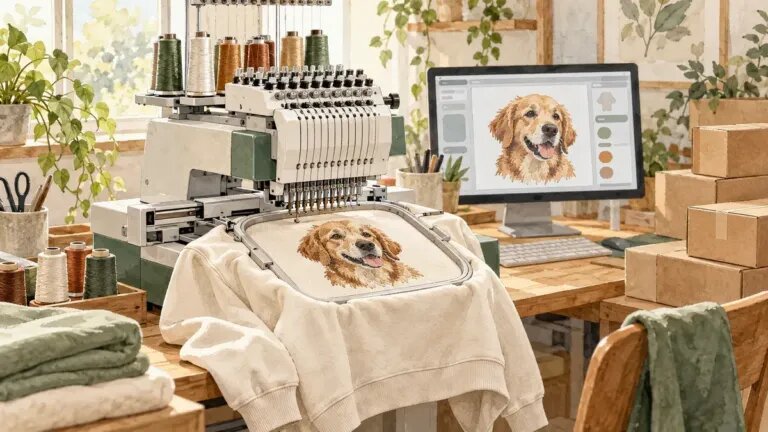 Illustration of a small workshop: an embroidery machine stitching a dog portrait on a sweatshirt, a computer showing a design preview, stacked shipping boxes, soft daylight