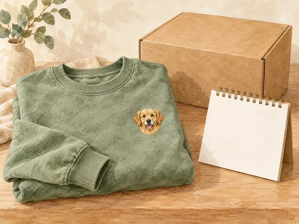 Illustration of a sage sweatshirt with an embroidered golden retriever face beside a shipping box and a blank calendar page