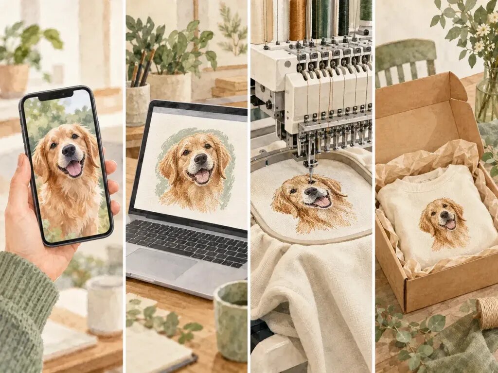 Illustration of four panels in a row: a dog photo on a phone, a design preview on a laptop, an embroidery machine stitching, and a packed shipping box