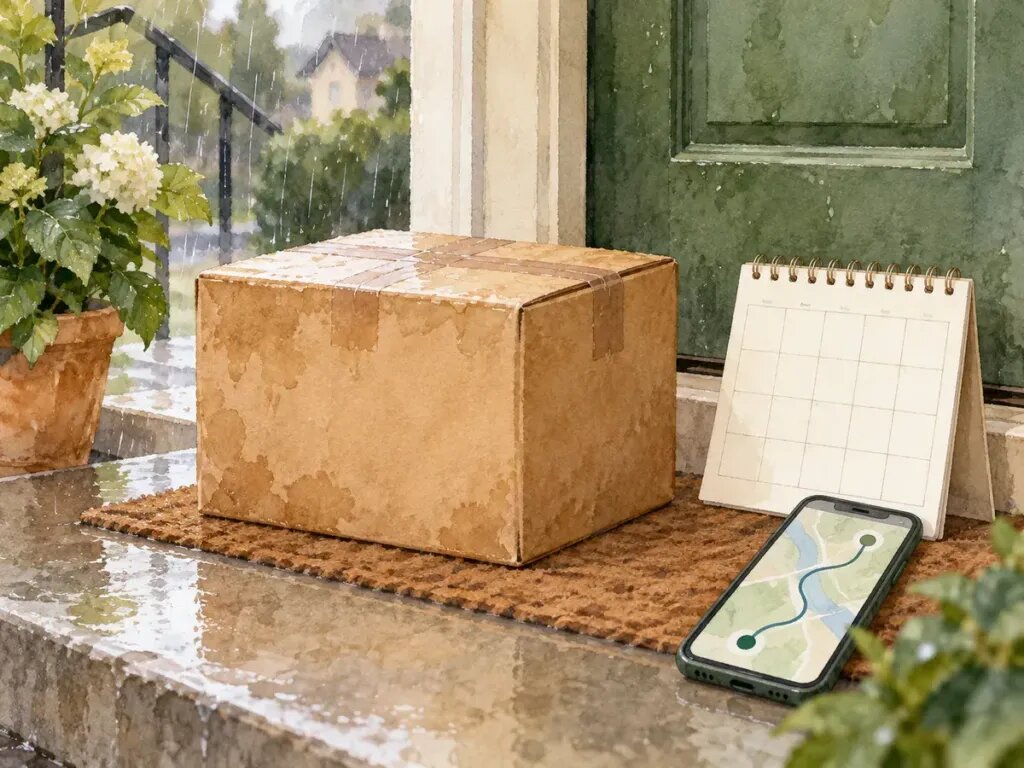 Illustration of a packed shipping box on a doorstep in light rain, next to a blank calendar page and a phone showing a simple parcel tracking map
