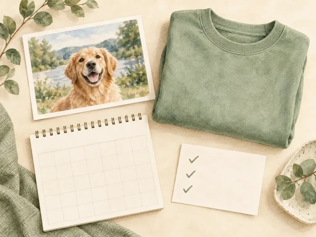 Illustration of a flat lay of a dog photo, a folded sweatshirt, a blank calendar page and a blank card with tick marks only