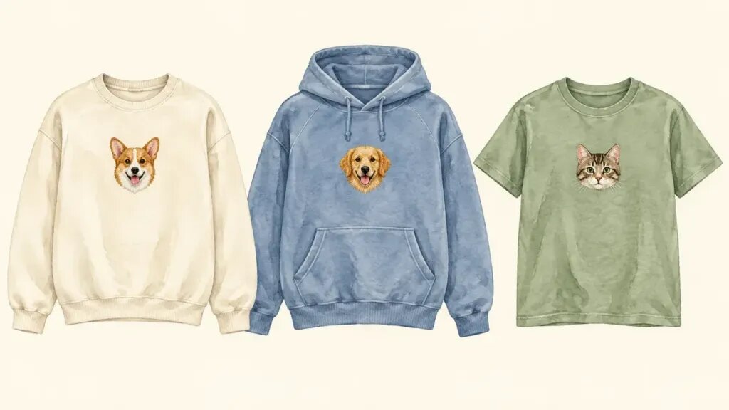 Illustration of three garments side by side on a cream background: a cream crewneck sweatshirt with an embroidered corgi face, a blue hoodie with an embroidered golden retriever face, and a sage T-shirt with an embroidered cat face